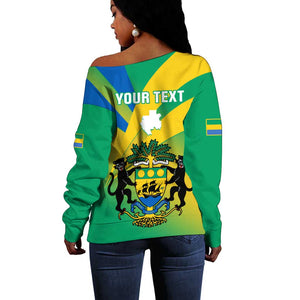 Presonalised Gabon Off Shoulder Sweater Coat Of Arms With Flag Gradient Style