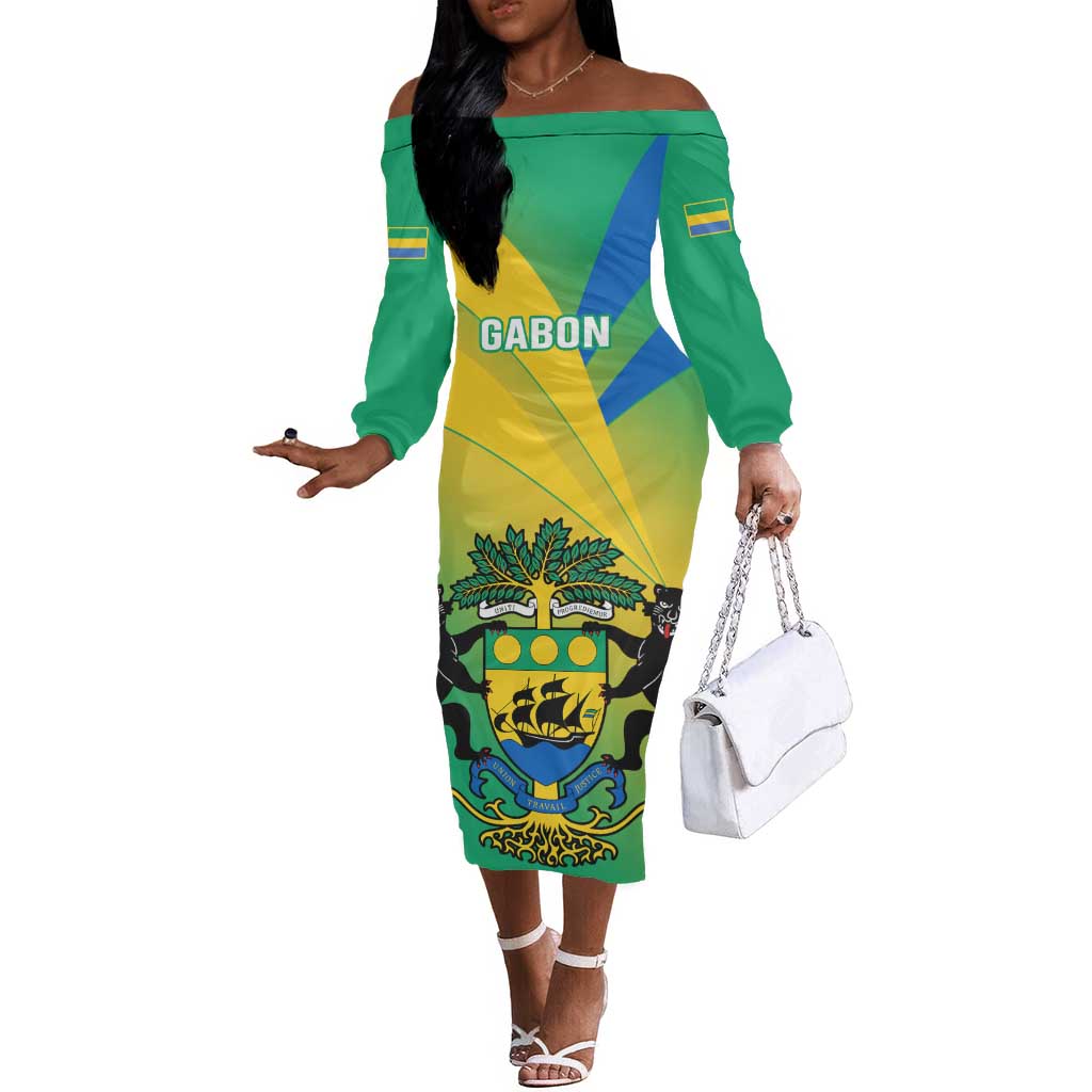 Presonalised Gabon Off The Shoulder Long Sleeve Dress Coat Of Arms With Flag Gradient Style