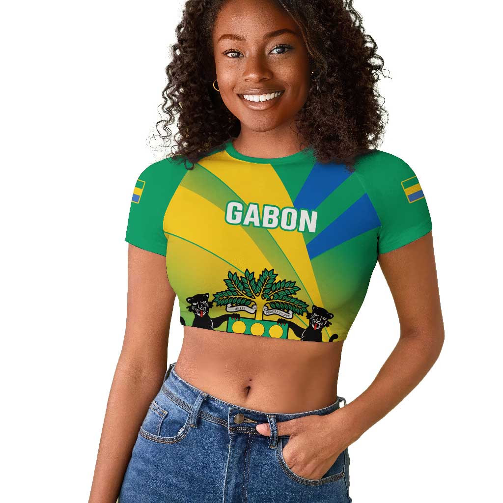 Presonalised Gabon Raglan Cropped T shirt Coat Of Arms With Flag Gradient Style