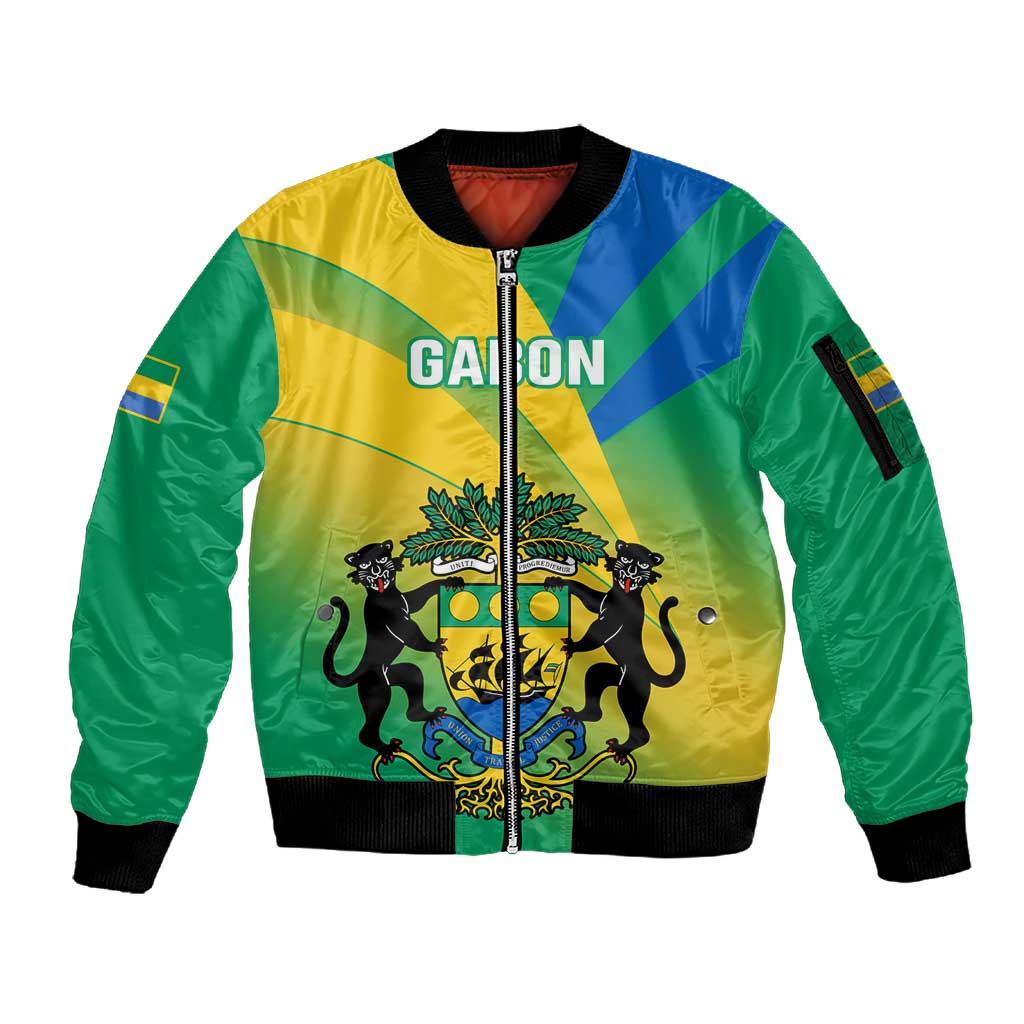 Presonalised Gabon Sleeve Zip Bomber Jacket Coat Of Arms With Flag Gradient Style