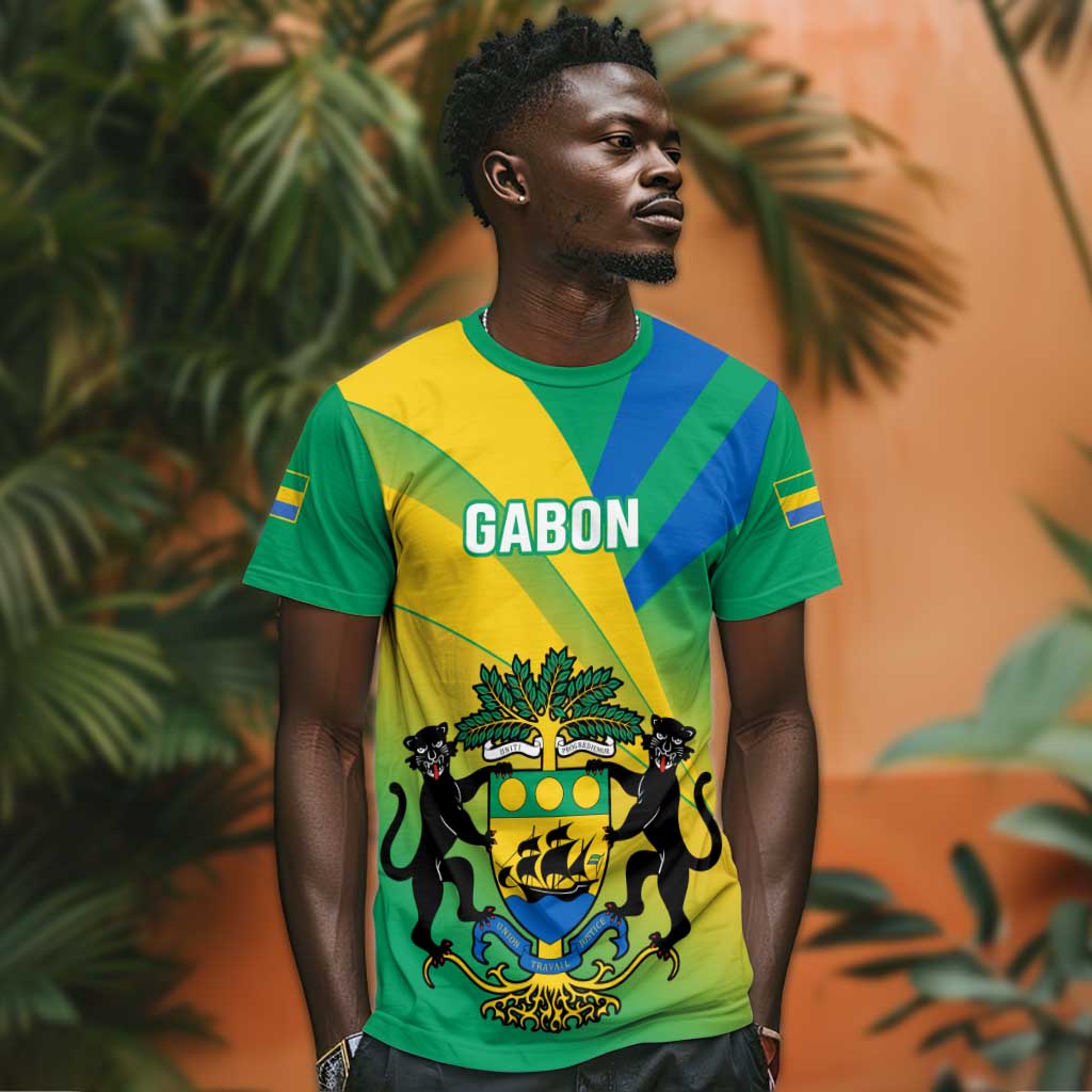 Presonalised Gabon T shirt Coat Of Arms With Flag Gradient Style