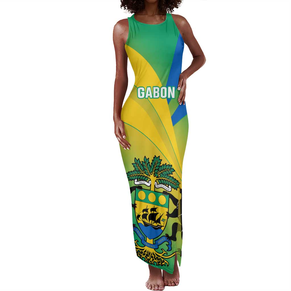 Presonalised Gabon Tank Maxi Dress Coat Of Arms With Flag Gradient Style