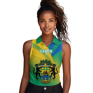 Presonalised Gabon Women Sleeveless Polo Shirt Coat Of Arms With Flag Gradient Style