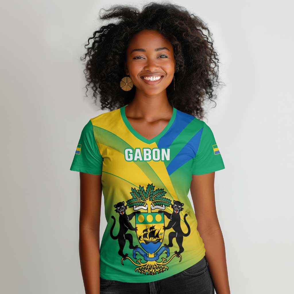 Presonalised Gabon Women V-Neck T-Shirt Coat Of Arms With Flag Gradient Style