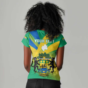 Presonalised Gabon Women V-Neck T-Shirt Coat Of Arms With Flag Gradient Style