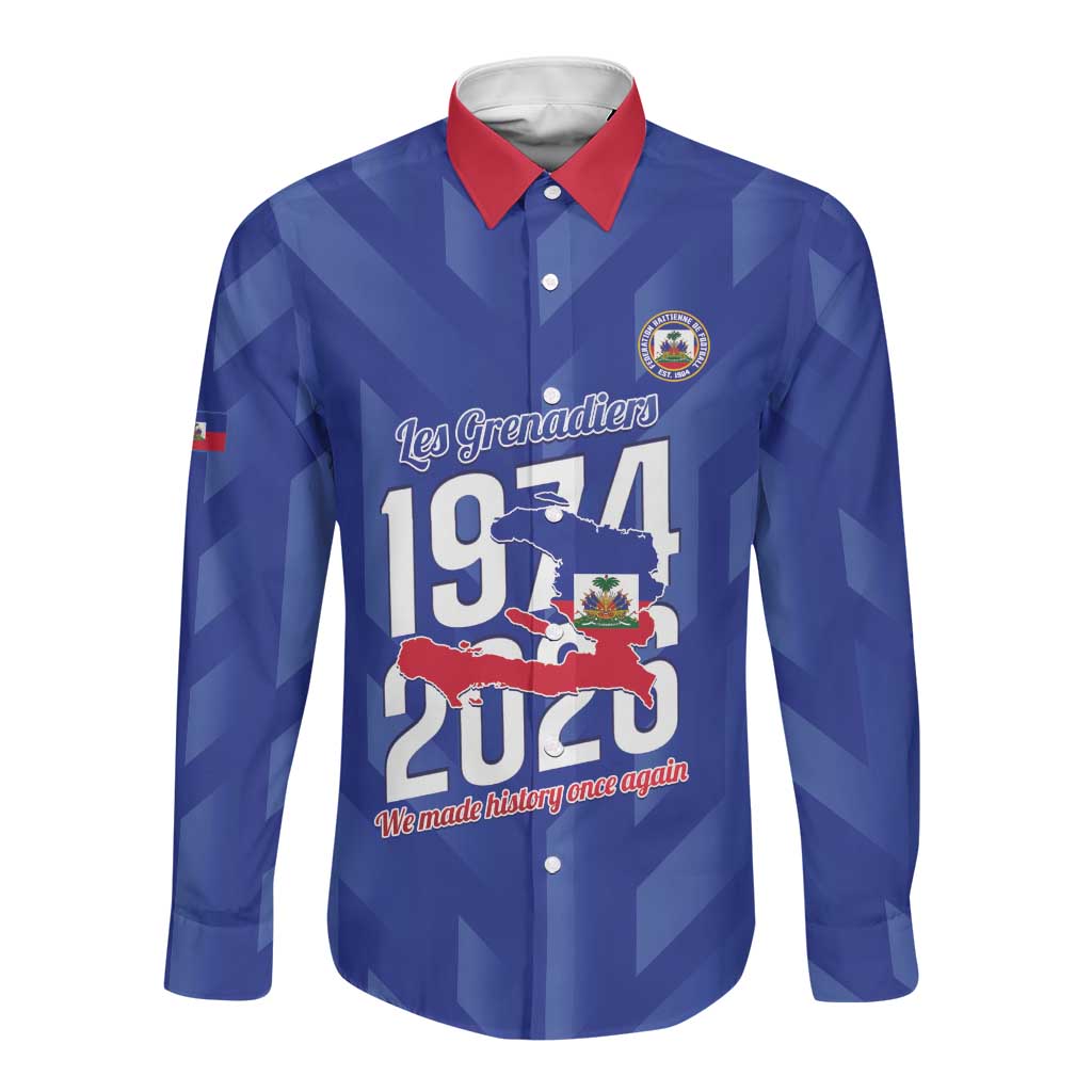 Personalized Afro Haiti Football Long Sleeve Button Shirt Les Grenadiers Made History Once Again Blue Color - African Pride