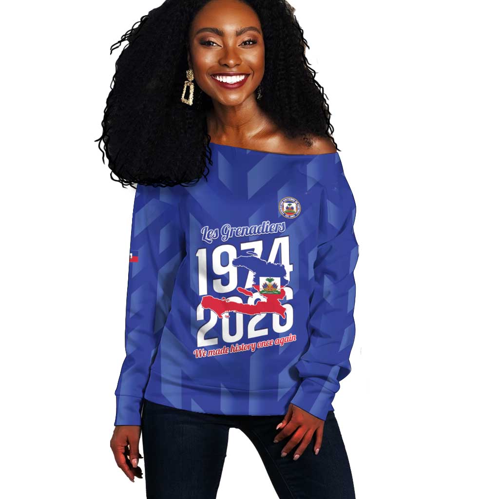 Personalized Afro Haiti Football Off Shoulder Sweater Les Grenadiers Made History Once Again Blue Color - African Pride