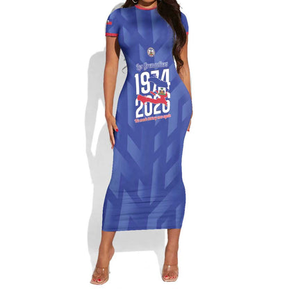 Personalized Afro Haiti Football Short Sleeve Bodycon Dress Les Grenadiers Made History Once Again Blue Color LT14