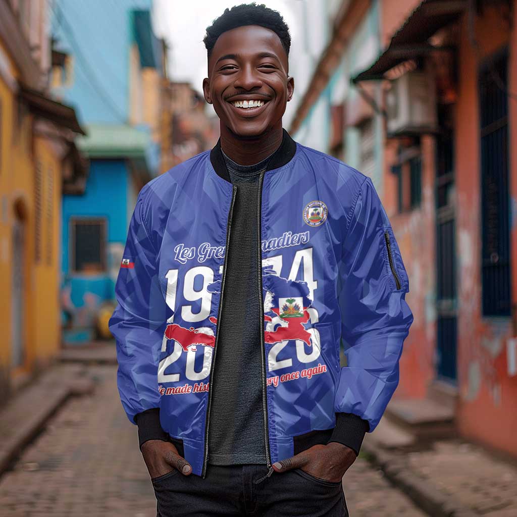 Personalized Afro Haiti Football Sleeve Zip Bomber Jacket Les Grenadiers Made History Once Again Blue Color - African Pride