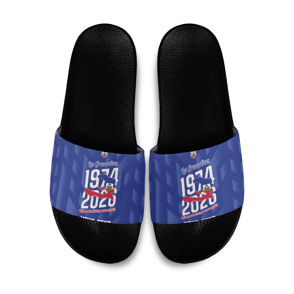 Personalized Haiti Football Slide Sandals Les Grenadiers Made History Once Again Blue Color