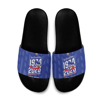 Personalized Haiti Football Slide Sandals Les Grenadiers Made History Once Again Blue Color