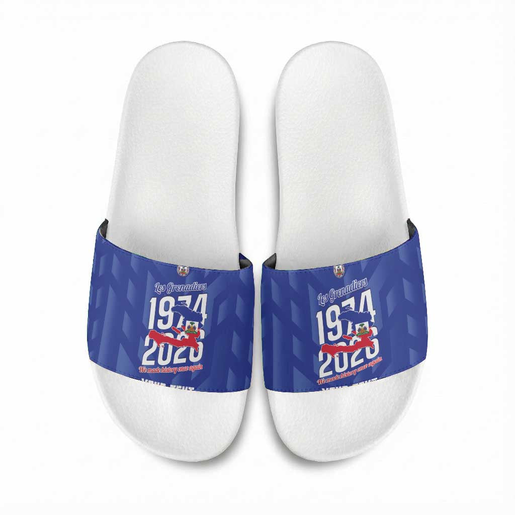 Personalized Haiti Football Slide Sandals Les Grenadiers Made History Once Again Blue Color