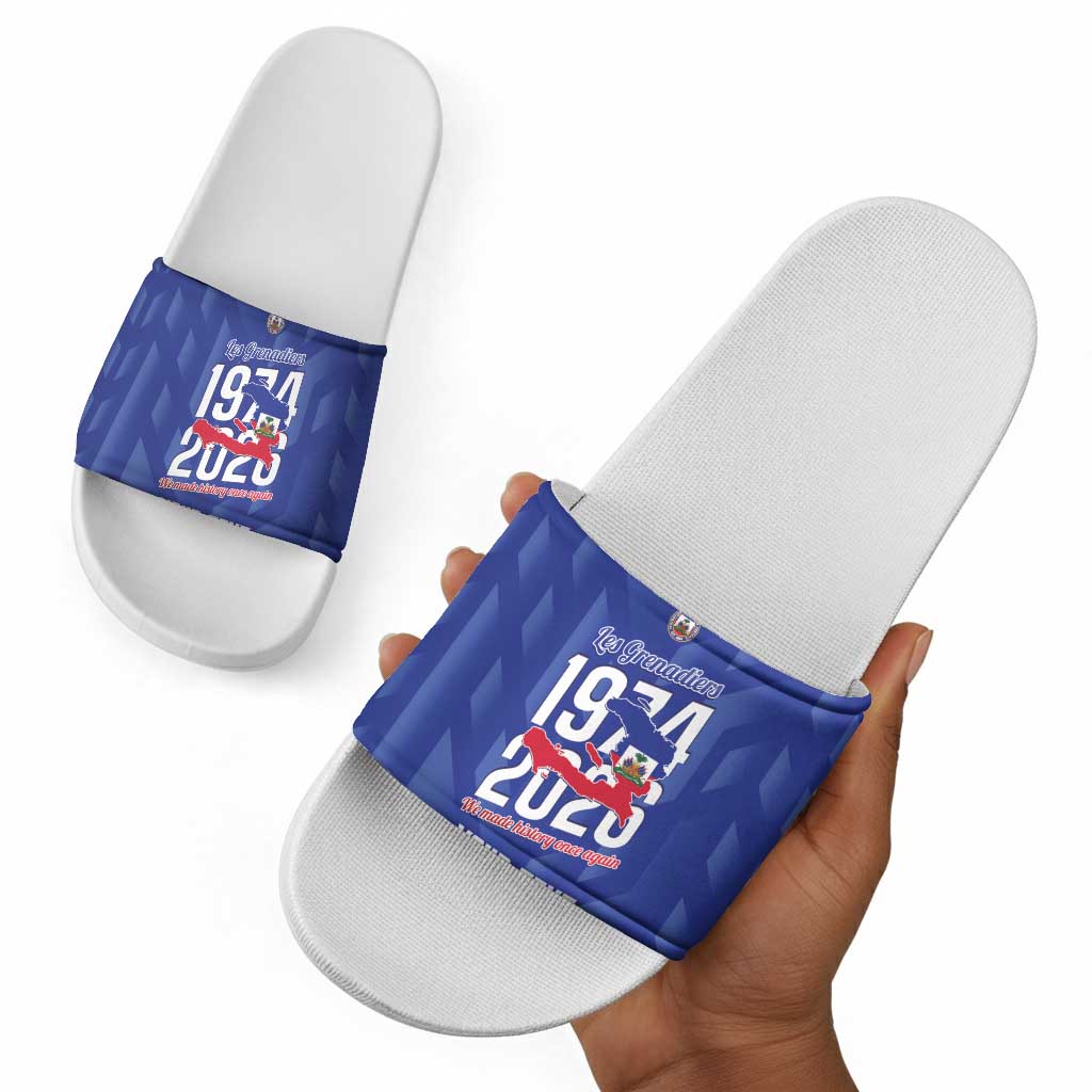 Personalized Haiti Football Slide Sandals Les Grenadiers Made History Once Again Blue Color
