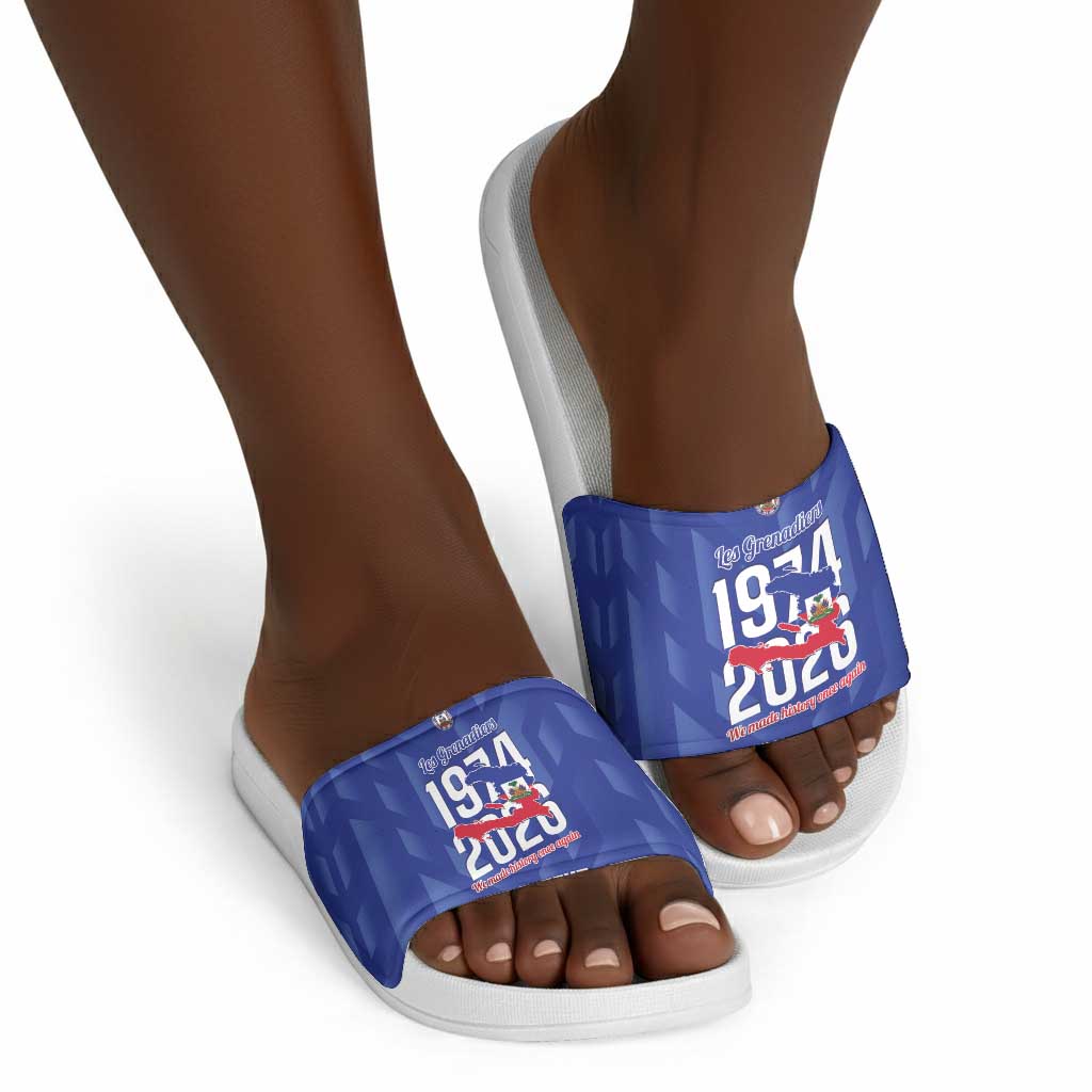 Personalized Haiti Football Slide Sandals Les Grenadiers Made History Once Again Blue Color