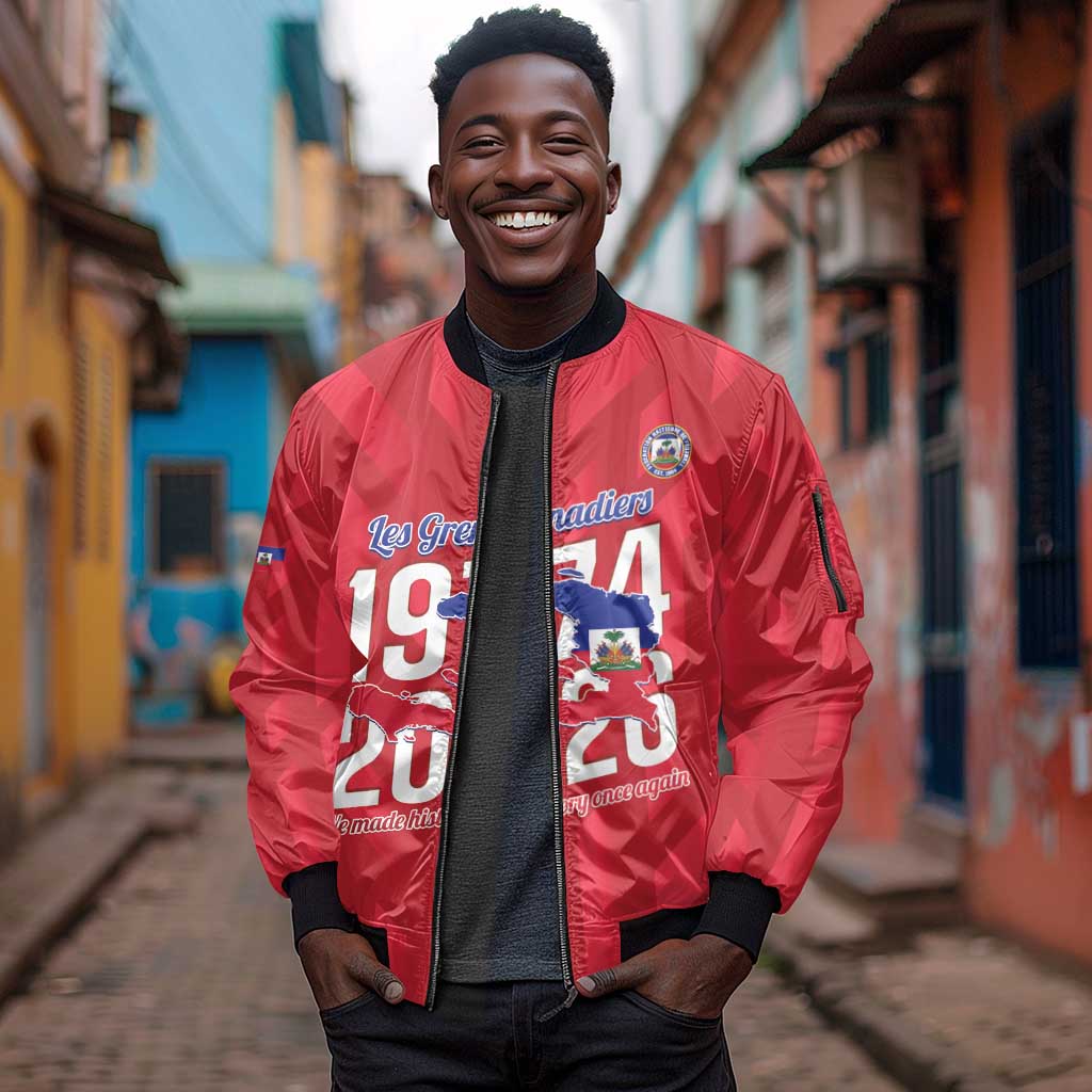 Personalized Afro Haiti Football Sleeve Zip Bomber Jacket Les Grenadiers Made History Once Again Red Color - African Pride