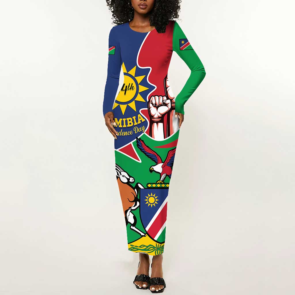 Namibia Independence Day Long Sleeve Bodycon Dress Coat Of Arms Curve Style