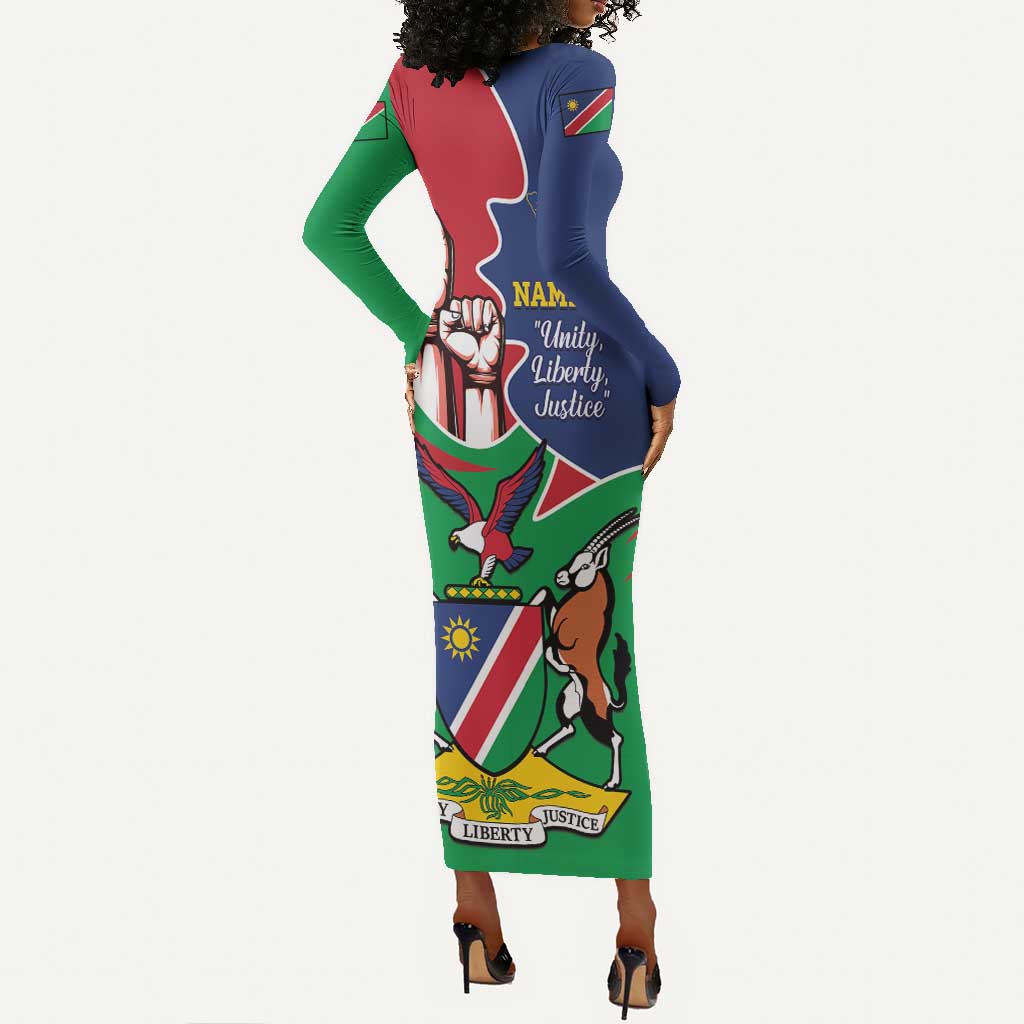 Namibia Independence Day Long Sleeve Bodycon Dress Coat Of Arms Curve Style LT14