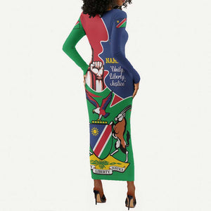 Namibia Independence Day Long Sleeve Bodycon Dress Coat Of Arms Curve Style