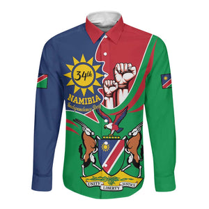 Namibia Independence Day Long Sleeve Button Shirt Coat Of Arms Curve Style