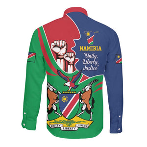 Namibia Independence Day Long Sleeve Button Shirt Coat Of Arms Curve Style