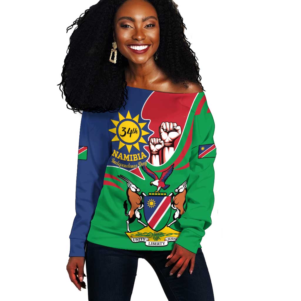 Namibia Independence Day Off Shoulder Sweater Coat Of Arms Curve Style