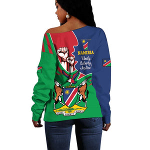 Namibia Independence Day Off Shoulder Sweater Coat Of Arms Curve Style