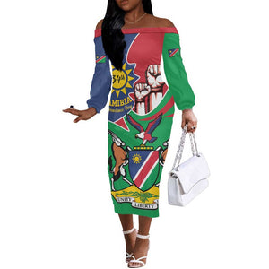 Namibia Independence Day Off The Shoulder Long Sleeve Dress Coat Of Arms Curve Style