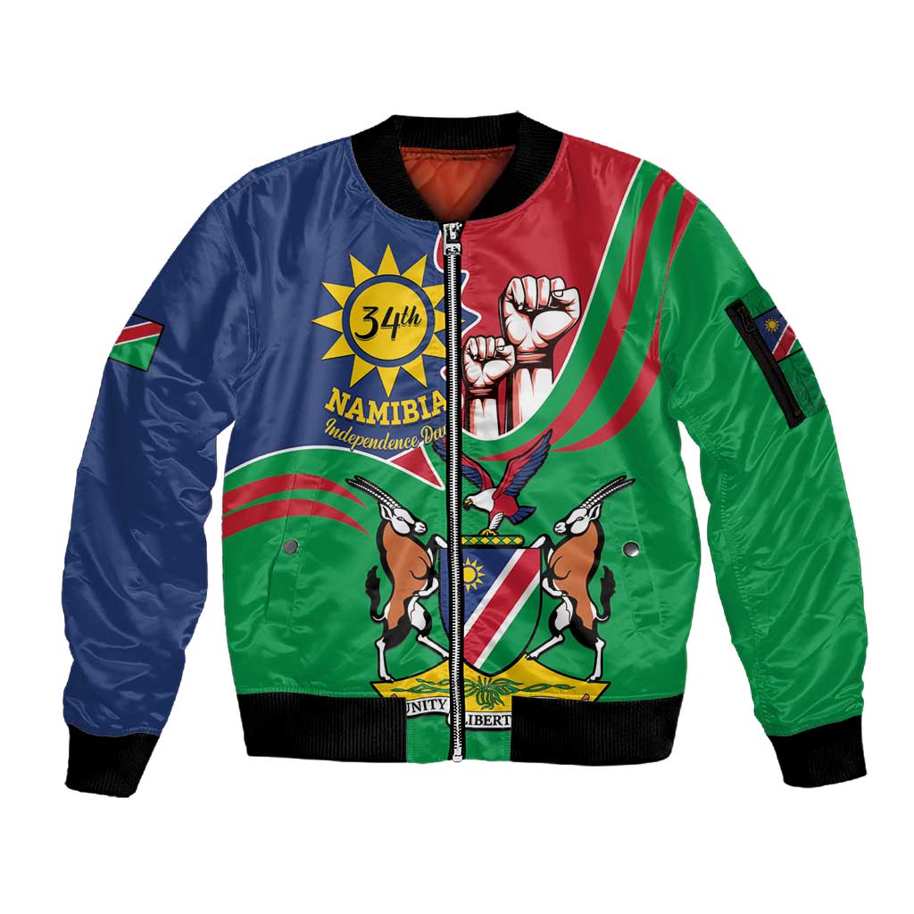 Namibia Independence Day Sleeve Zip Bomber Jacket Coat Of Arms Curve Style