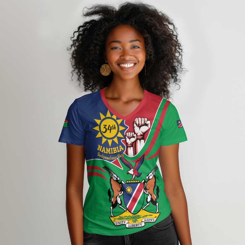 Namibia Independence Day Women V-Neck T-Shirt Coat Of Arms Curve Style