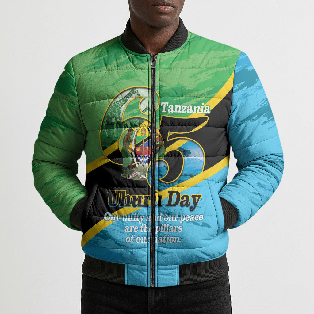 Personalized Tanzania Independence Day Bomber Puffer Jacket Happy 65th Anniversary Grunge Flag