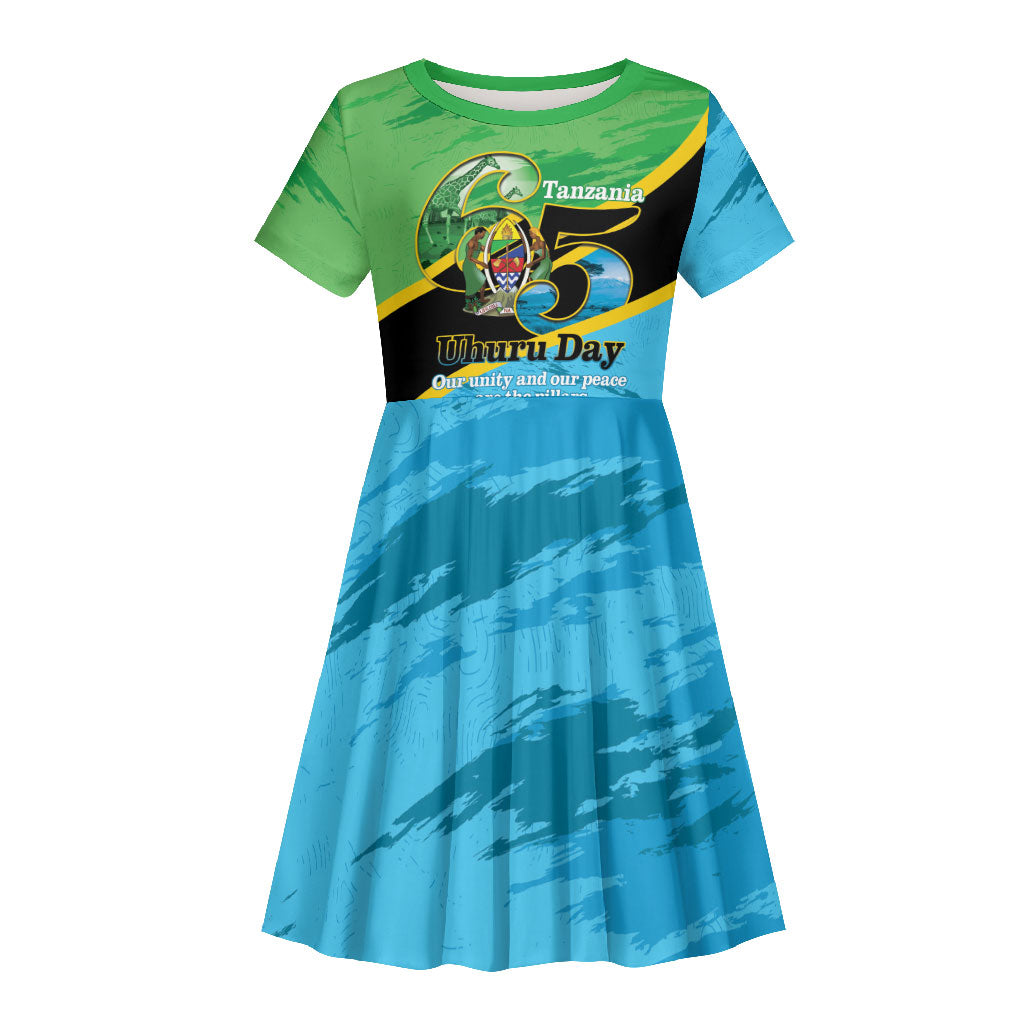 Personalized Tanzania Independence Day Kid Short Sleeve Dress Happy 65th Anniversary Grunge Flag