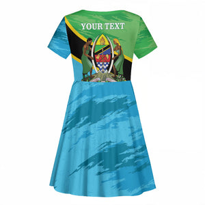 Personalized Tanzania Independence Day Kid Short Sleeve Dress Happy 65th Anniversary Grunge Flag