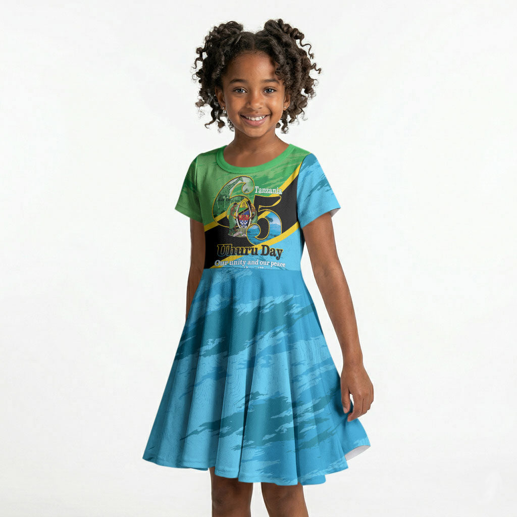 Personalized Tanzania Independence Day Kid Short Sleeve Dress Happy 65th Anniversary Grunge Flag