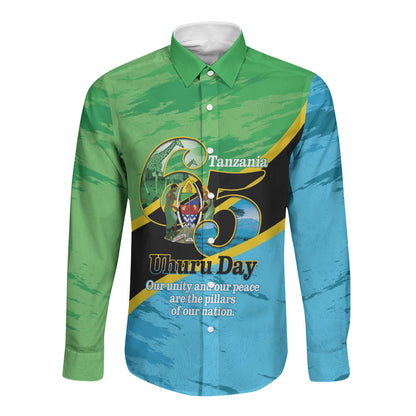 Personalized Tanzania Independence Day Long Sleeve Button Shirt Happy 65th Anniversary Grunge Flag