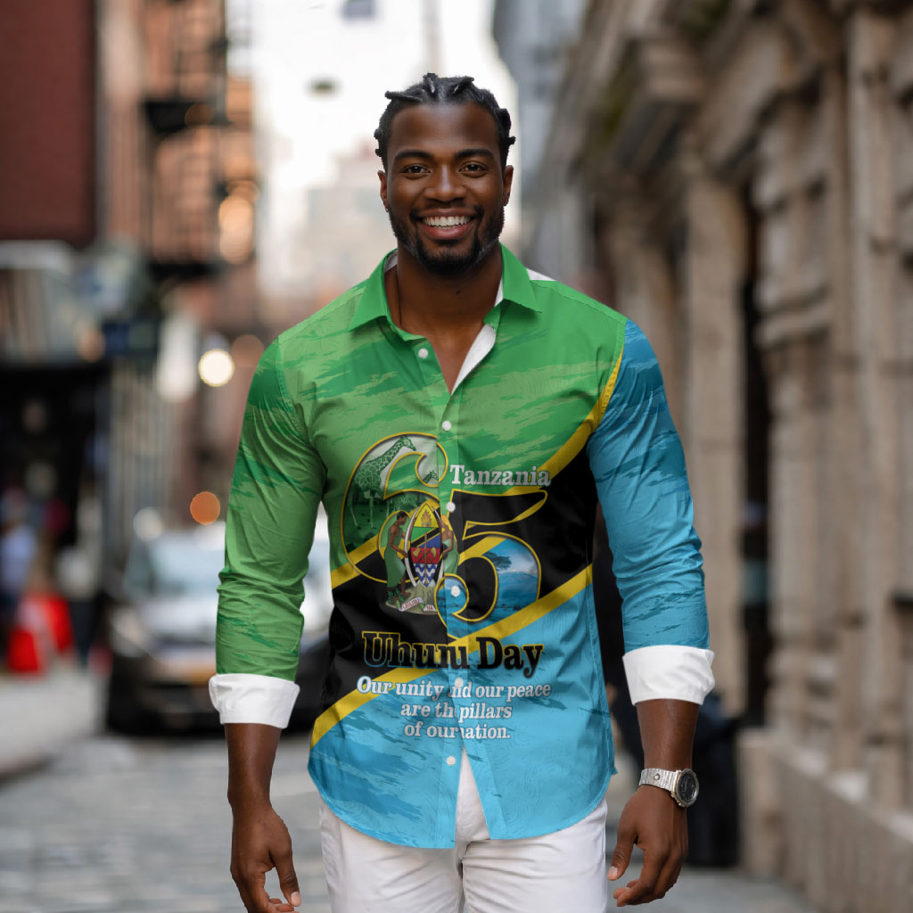 Personalized Tanzania Independence Day Long Sleeve Button Shirt Happy 65th Anniversary Grunge Flag
