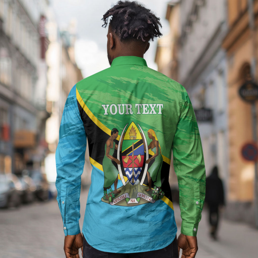 Personalized Tanzania Independence Day Long Sleeve Button Shirt Happy 65th Anniversary Grunge Flag
