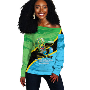 Personalized Tanzania Independence Day Off Shoulder Sweater Happy 65th Anniversary Grunge Flag