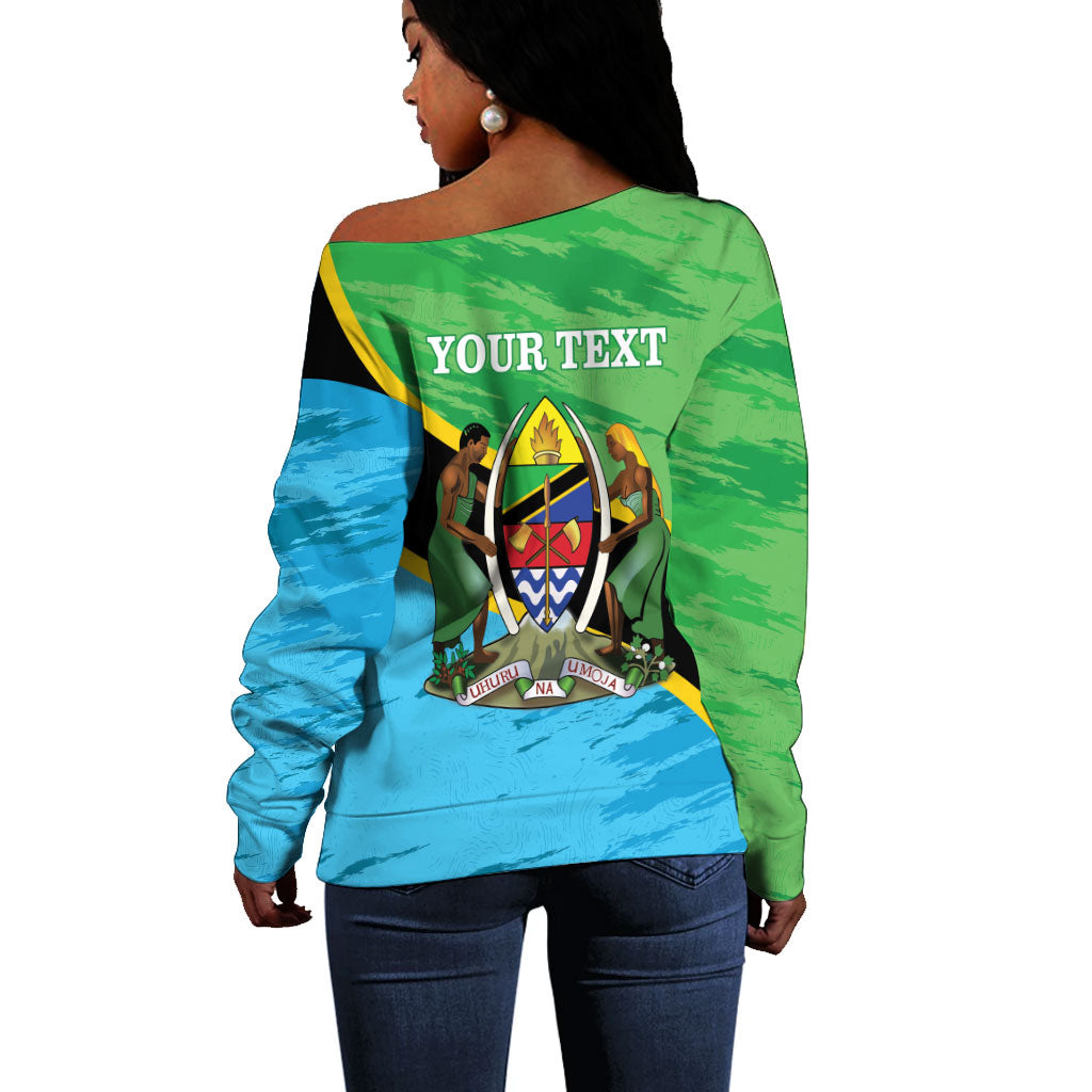 Personalized Tanzania Independence Day Off Shoulder Sweater Happy 65th Anniversary Grunge Flag