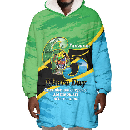 Personalized Tanzania Independence Day Wearable Blanket Hoodie Happy 65th Anniversary Grunge Flag