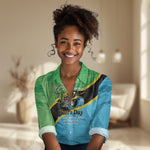 Personalized Tanzania Independence Day Women Casual Shirt Happy 65th Anniversary Grunge Flag