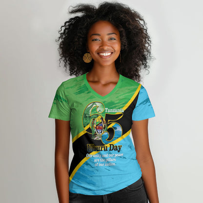 Personalized Tanzania Independence Day Women V-Neck T-Shirt Happy 65th Anniversary Grunge Flag