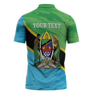 Personalized Tanzania Independence Day Zipper Polo Shirt Happy 65th Anniversary Grunge Flag