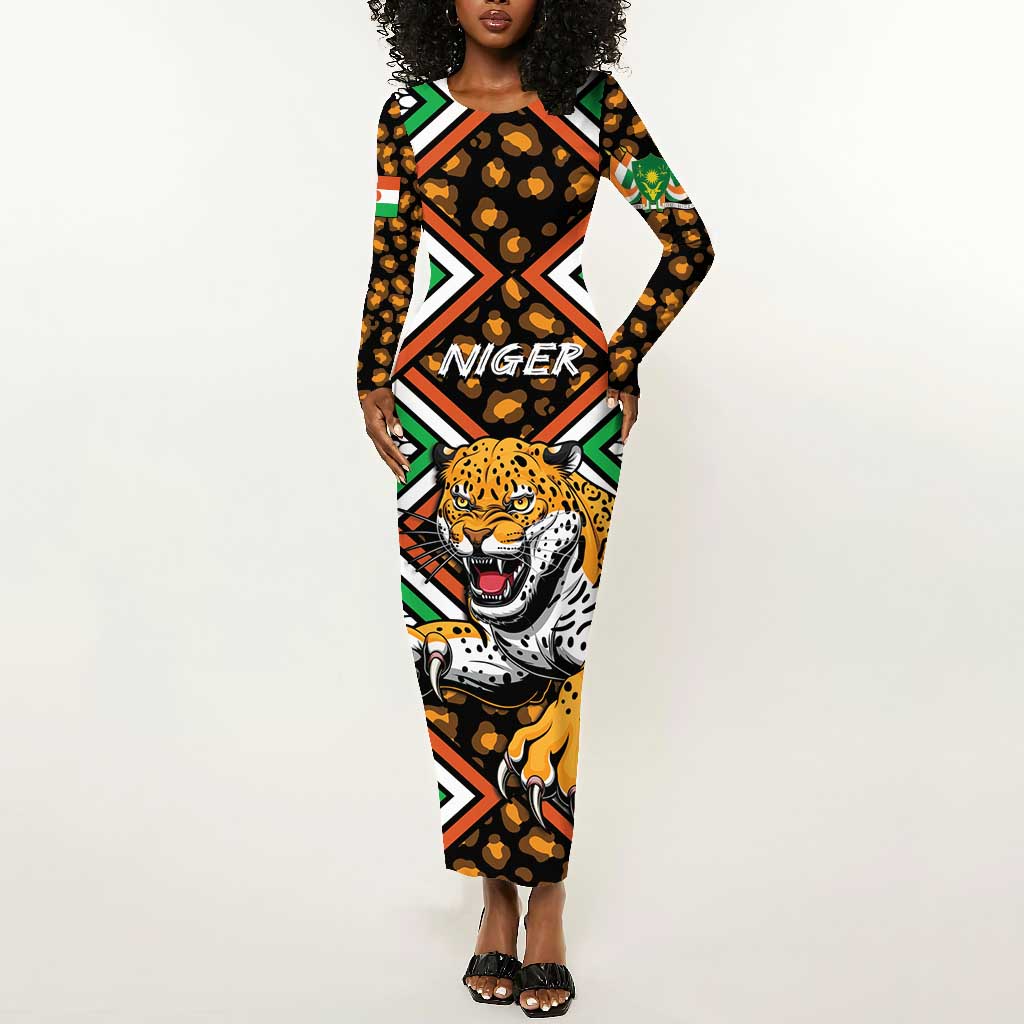 Personalized Afro Niger Long Sleeve Bodycon Dress Leopard Ankara African Pattern