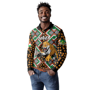 Personalized Afro Niger Long Sleeve Polo Shirt Leopard Ankara African Pattern