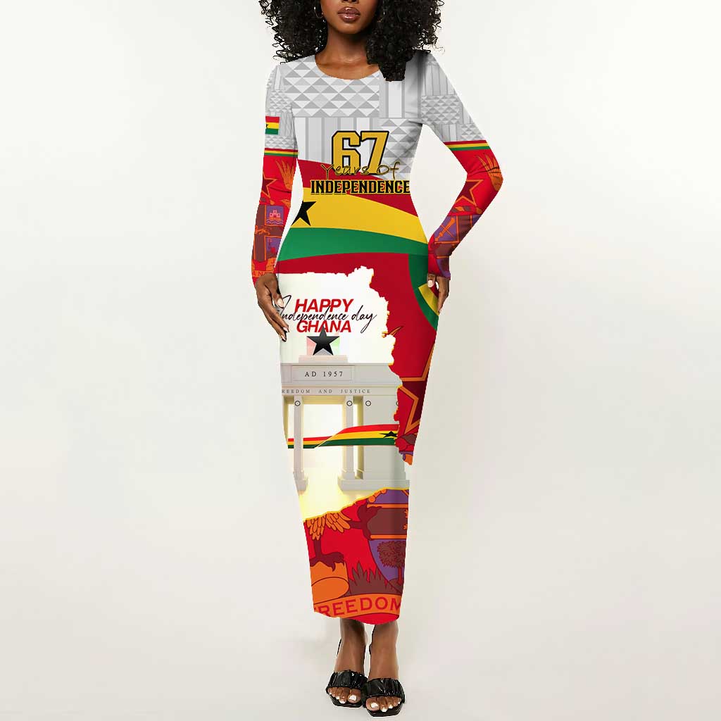 Ghana Independence Day Long Sleeve Bodycon Dress Gana Map Happy 67 Years Anniversary