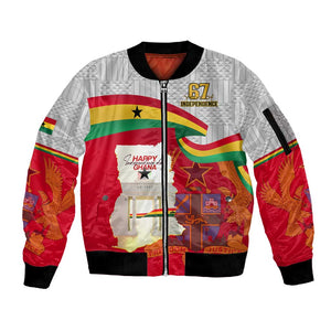 Ghana Independence Day Sleeve Zip Bomber Jacket Gana Map Happy 67 Years Anniversary