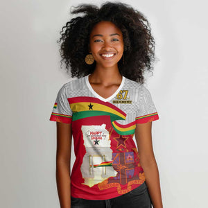 Ghana Independence Day Women V-Neck T-Shirt Gana Map Happy 67 Years Anniversary