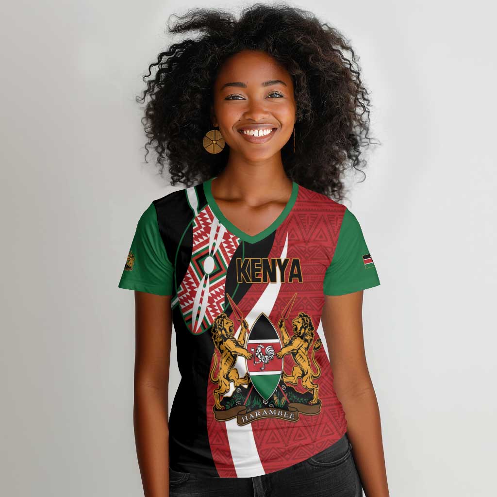 Custom Kenya Football Women V-Neck T-Shirt Maasai Shield Coat Of Arms Style
