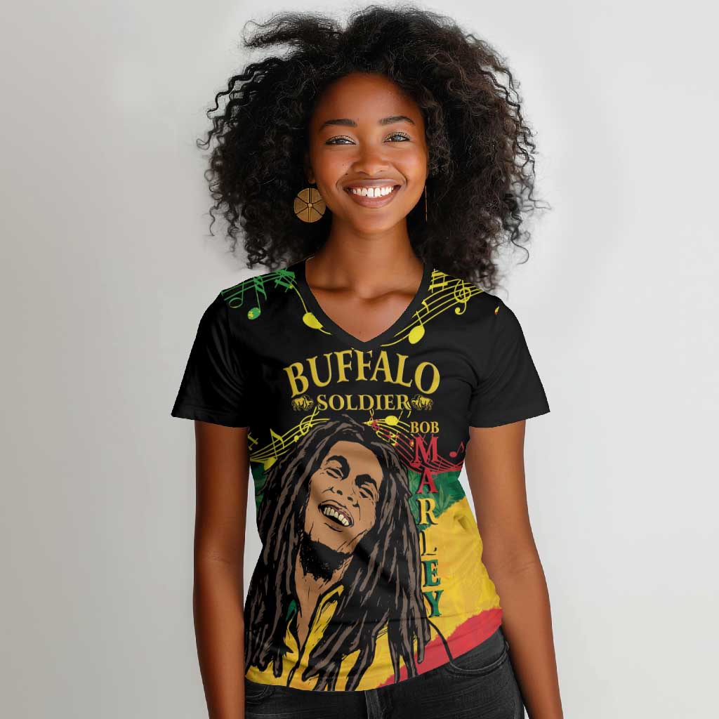 Afro Legend Bob Buffalo Soldier Women V-Neck T-Shirt American Heroes Reggae Style