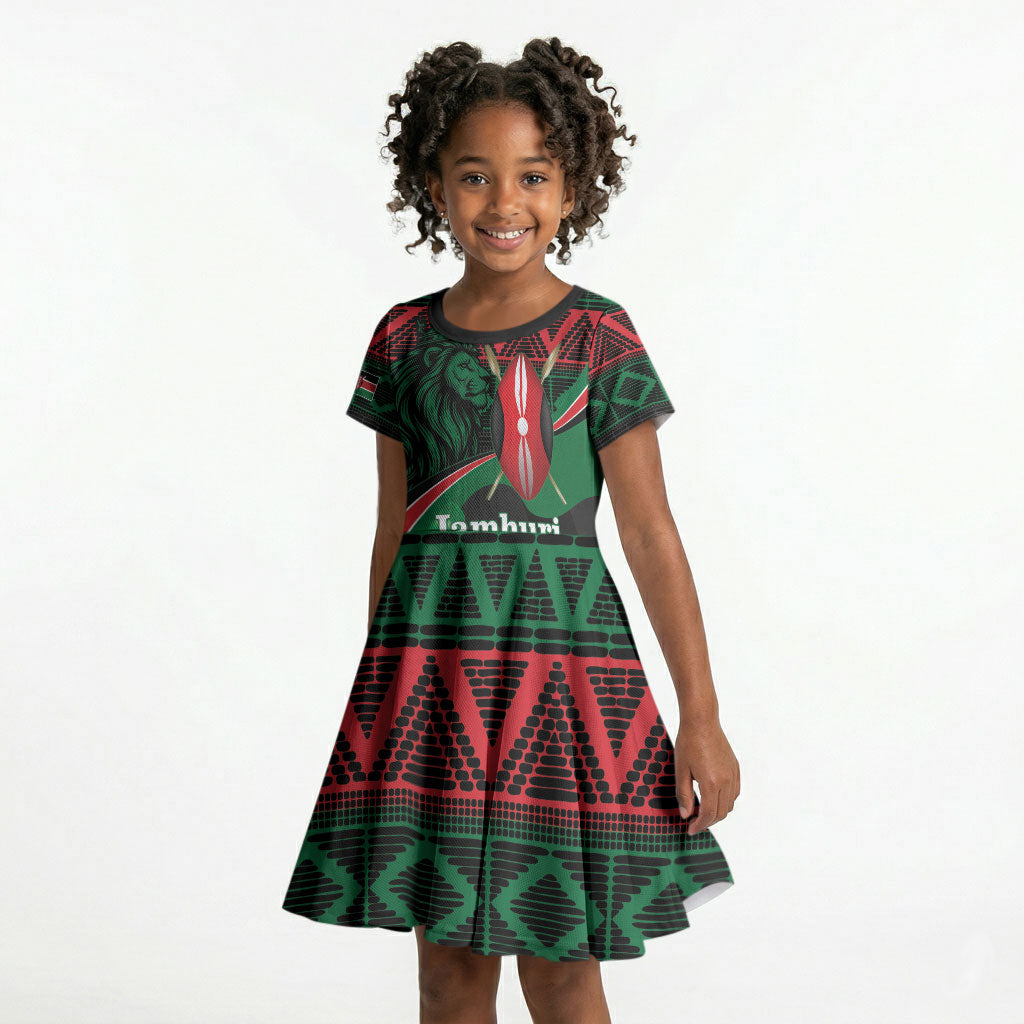 Kenya Jamhuri Day Kid Short Sleeve Dress Maasai Shield Spears Harambee